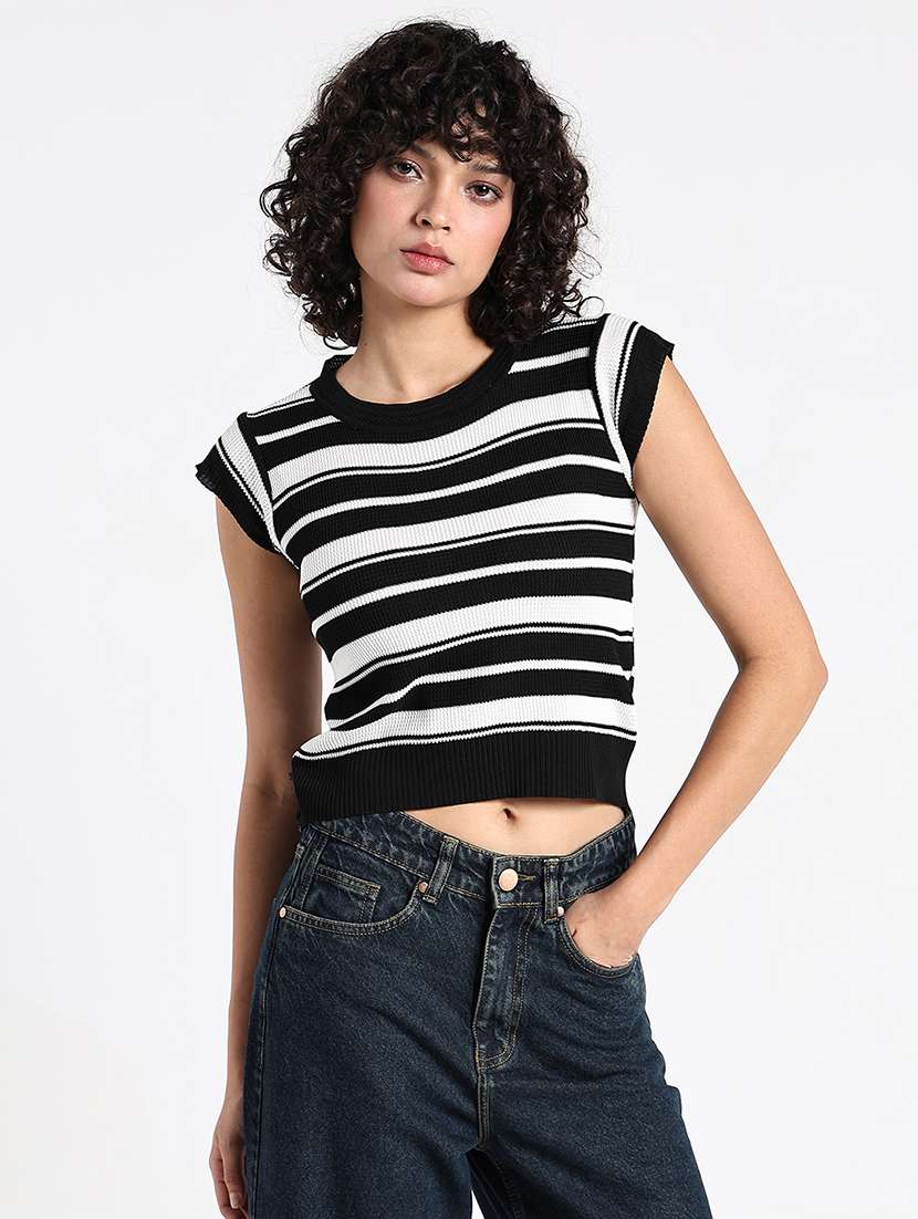 women striped cap sleeve crop top - 22086360 - Standard Image - 3
