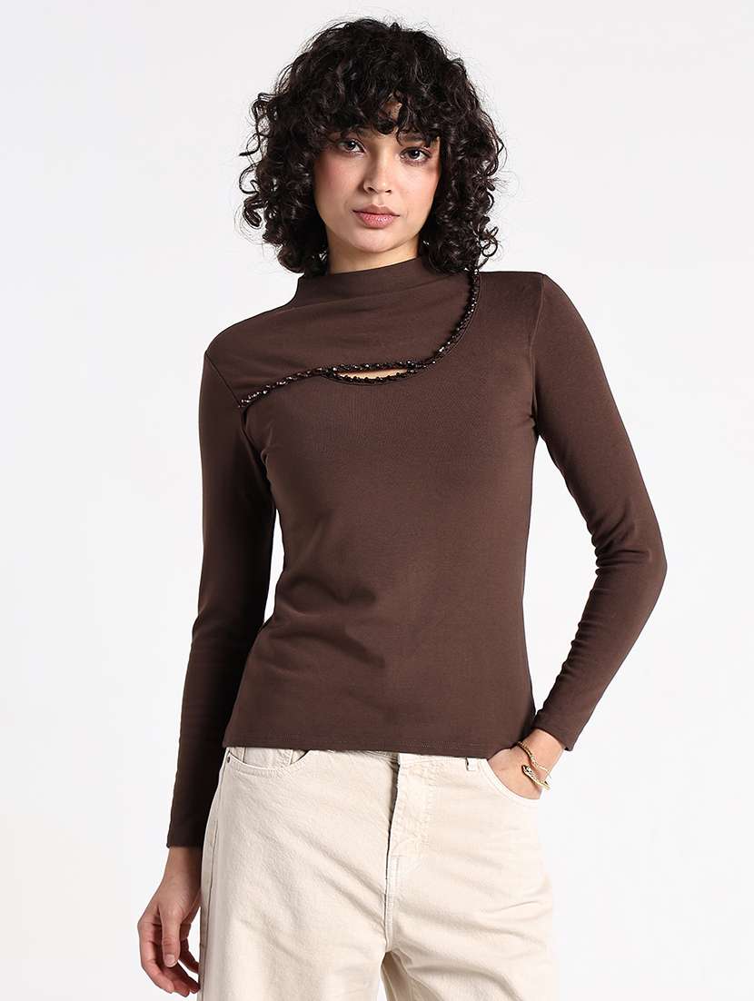 women brown solid mock neck long sleeve top - 22086368 -  Standard Image - 3