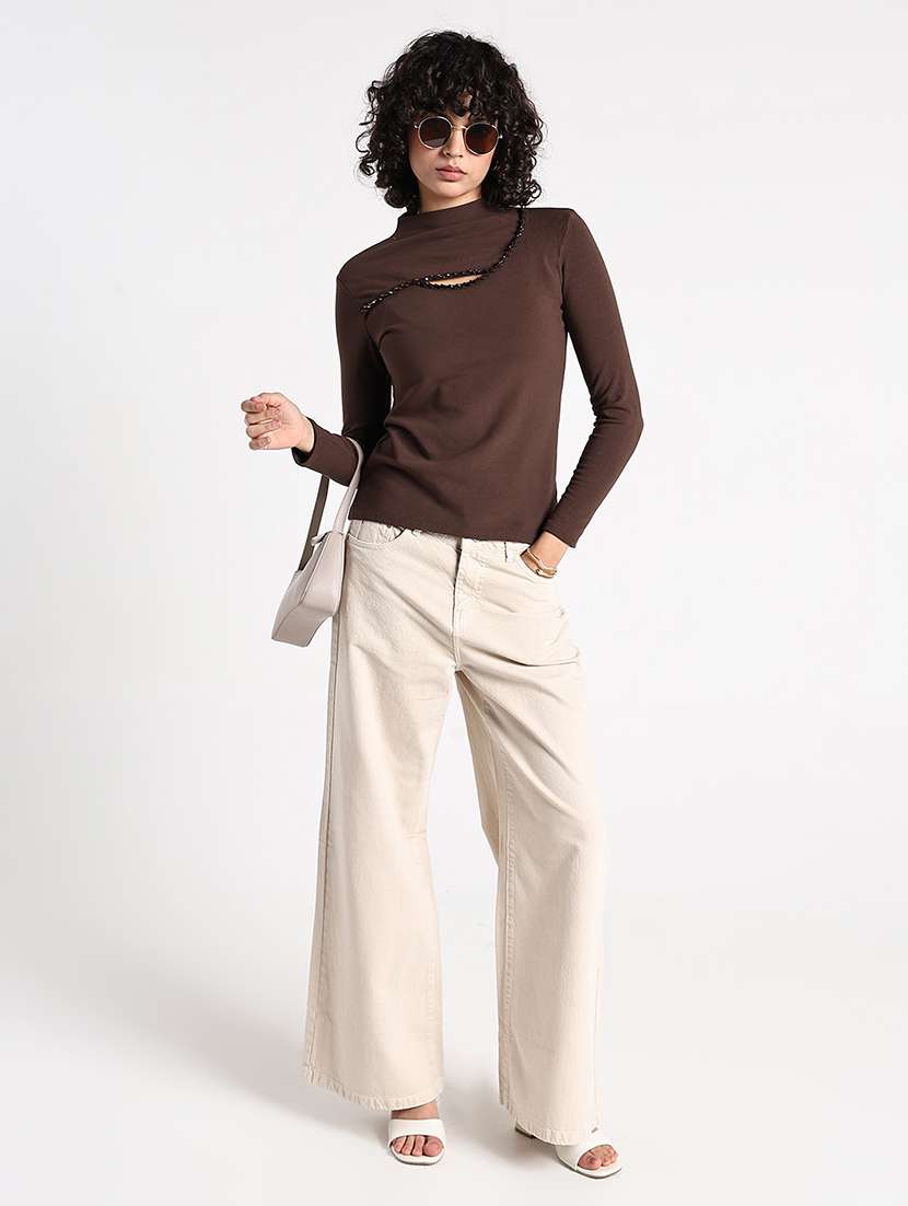 women brown solid mock neck long sleeve top - 22086368 -  Standard Image - 5