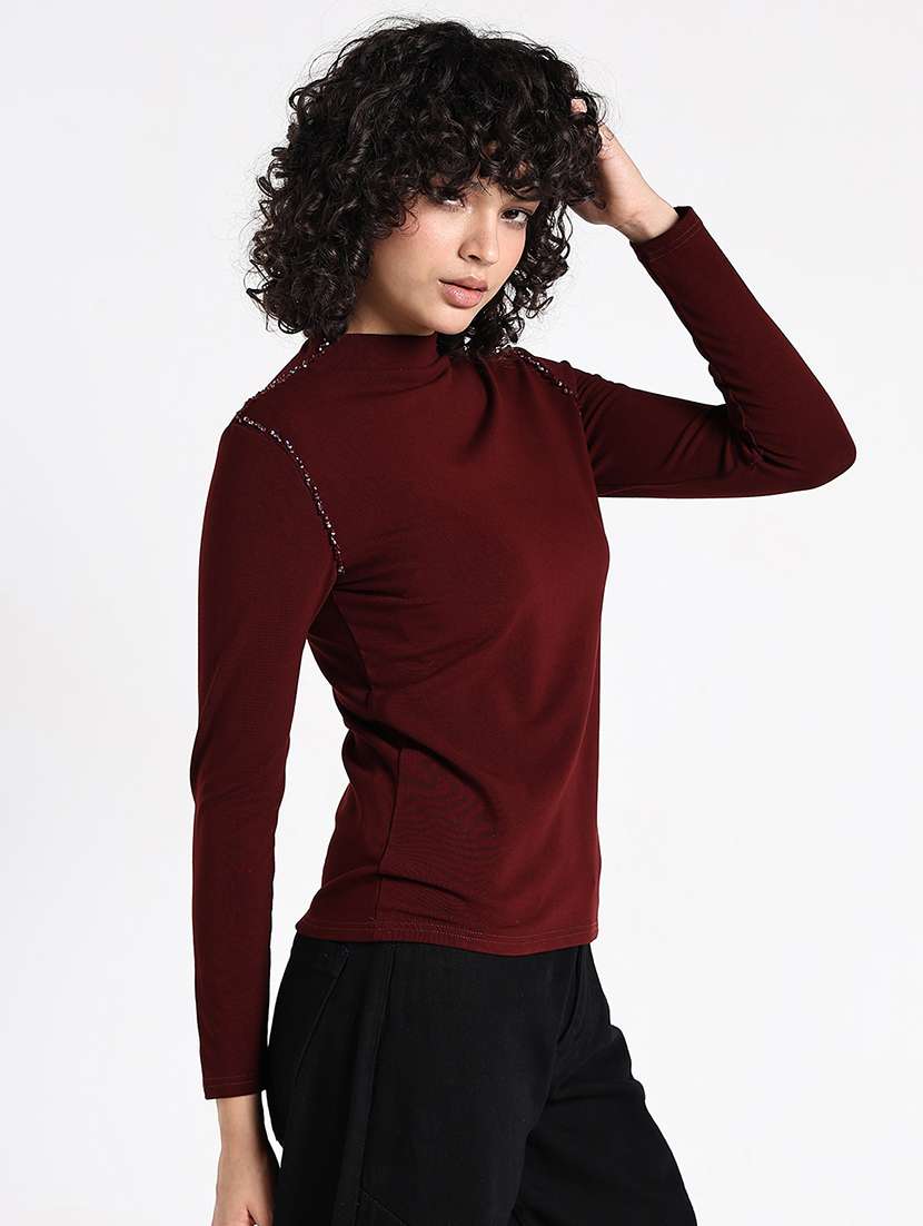 women maroon solid mock neck long sleeve top - 22086369 -  Standard Image - 3