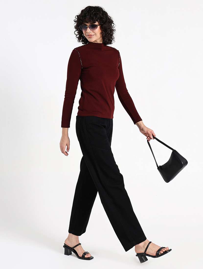 women maroon solid mock neck long sleeve top - 22086369 -  Standard Image - 5