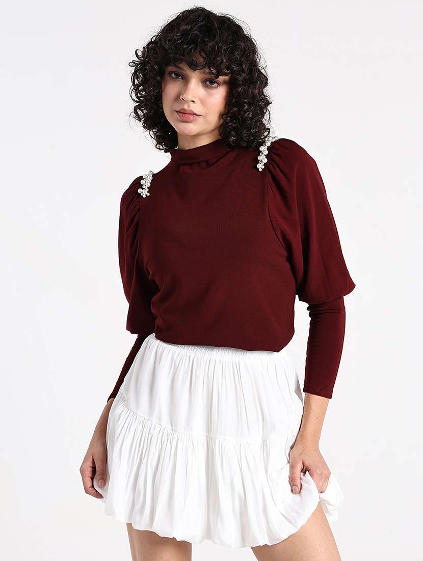 women maroon solid long sleeve crop top - 22086370 -  Standard Image - 3