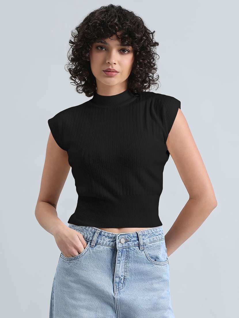 women black solid vap sleeve crop top - 22086371 - Zoom Image - 0