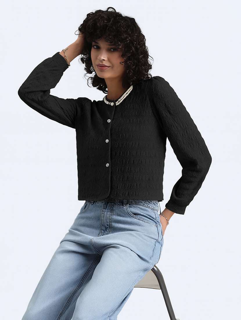 women embellished long sleeev crop top - 22086372 -  Zoom Image - 0