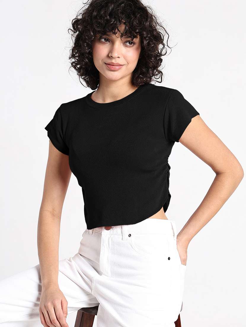 women black solid short sleeve crop top - 22086374 -  Zoom Image - 0