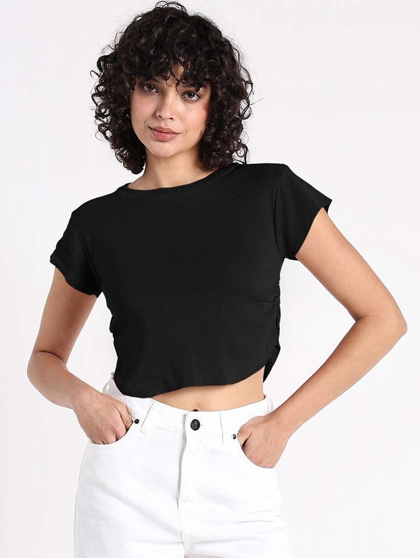women black solid short sleeve crop top - 22086374 - Standard Image - 3