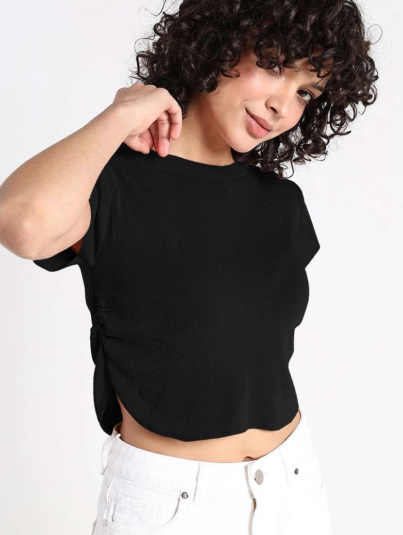 women black solid short sleeve crop top - 22086374 - Standard Image - 5
