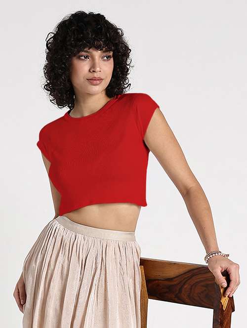 women red solid short sleeve crop top - 22086375 - Standard Image - 0