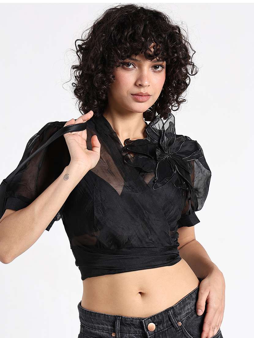 women black solid puff sleeve crop wrap top