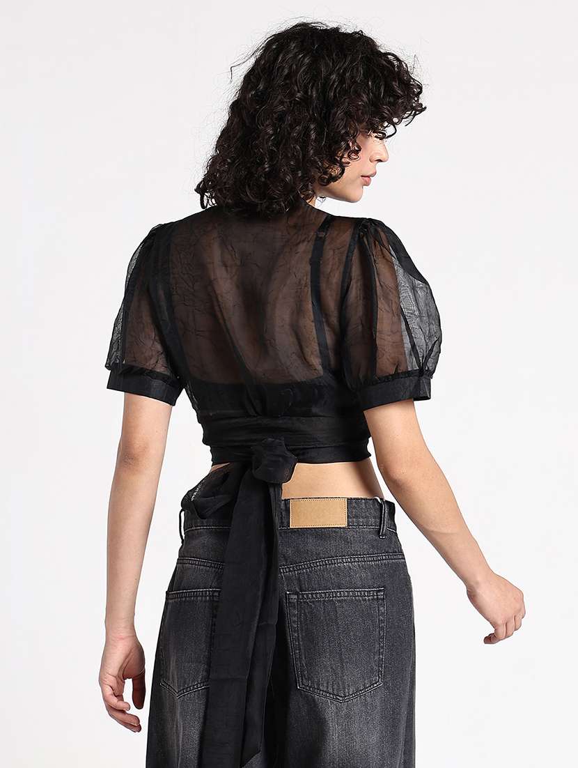 women black solid puff sleeve crop wrap top - 22086379 -  Standard Image - 3