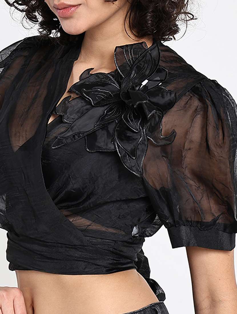 women black solid puff sleeve crop wrap top - 22086379 -  Standard Image - 5