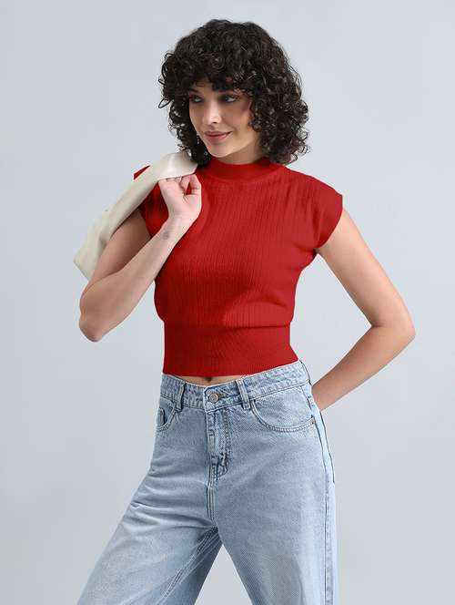 women red solid short sleeve crop top - 22086380 -  Standard Image - 0