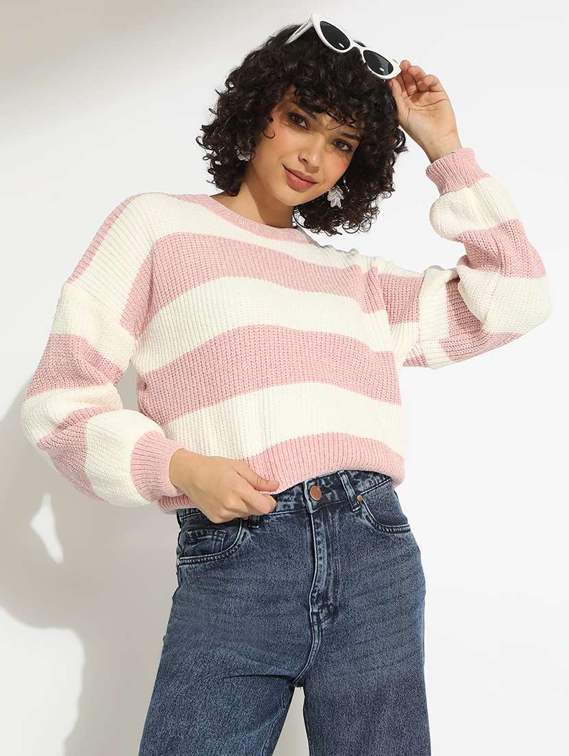 women striped long sleeve crop pullover - 22086381 - Zoom Image - 0