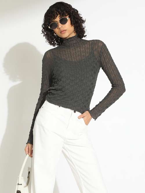 women grey self designed high neck long sleeve top - 22086385 -  Standard Image - 0