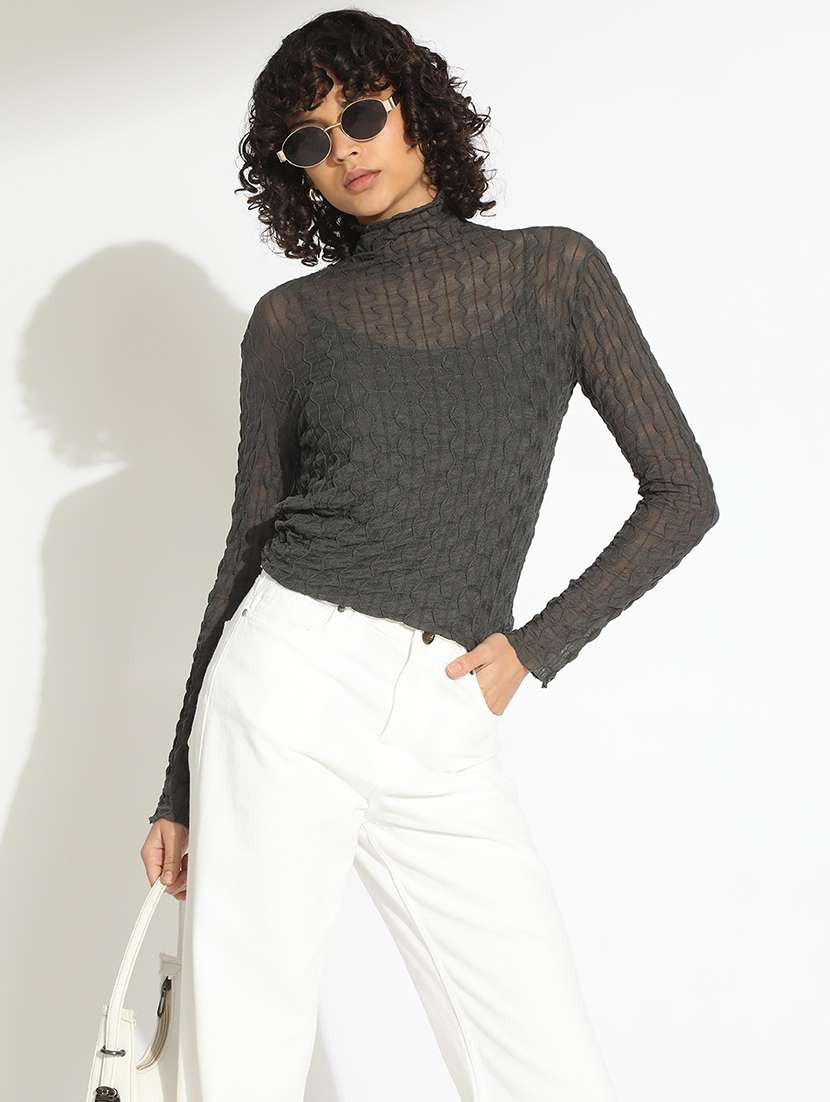 women grey self designed high neck long sleeve top