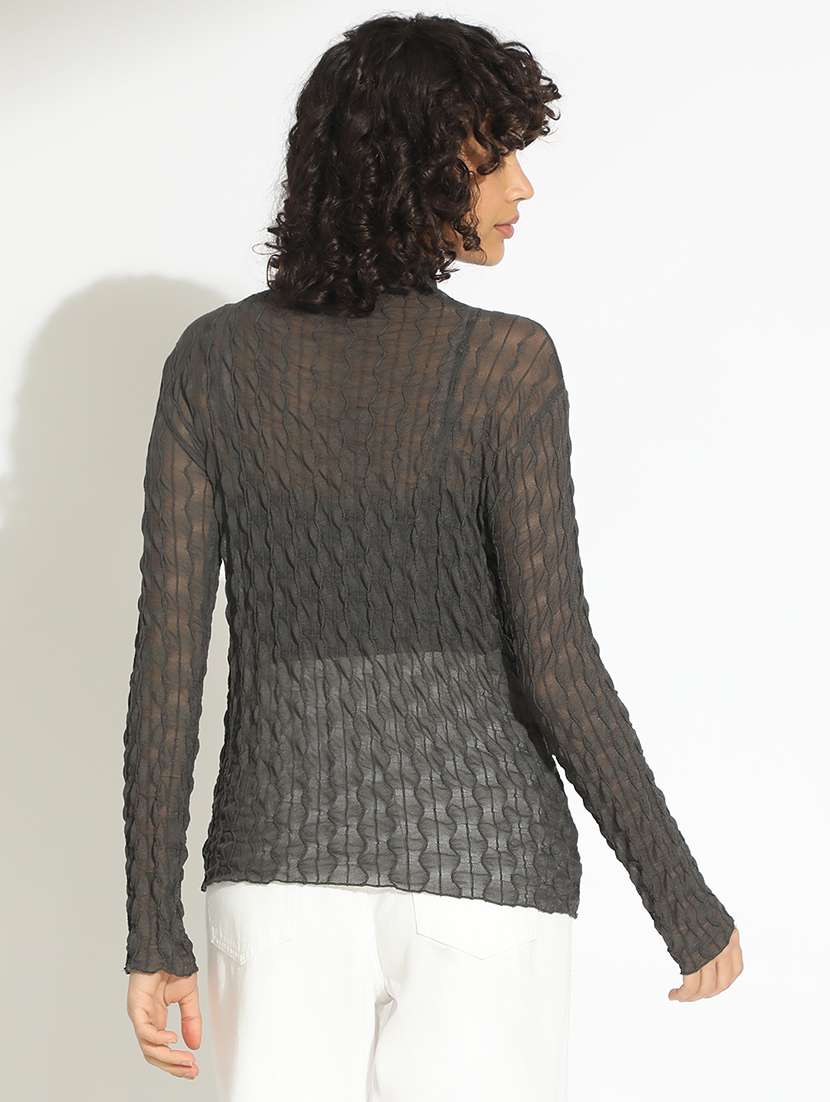 women grey self designed high neck long sleeve top - 22086385 -  Standard Image - 3