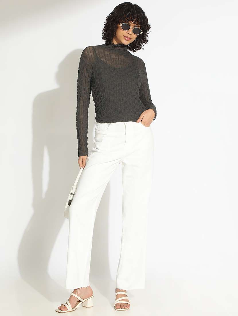 women grey self designed high neck long sleeve top - 22086385 -  Standard Image - 5