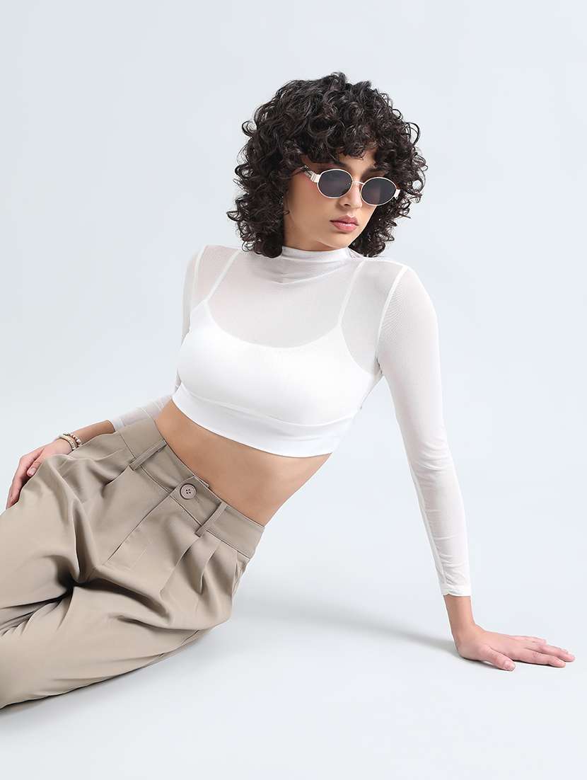 women white solid mock neck long sleeve crop top - 22086387 - Zoom Image - 0
