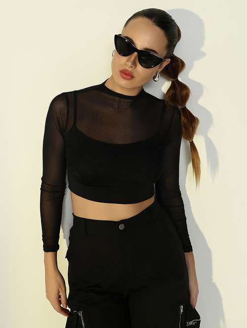 women black solid mock neck long sleeve crop top - 22086388 -  Standard Image - 0