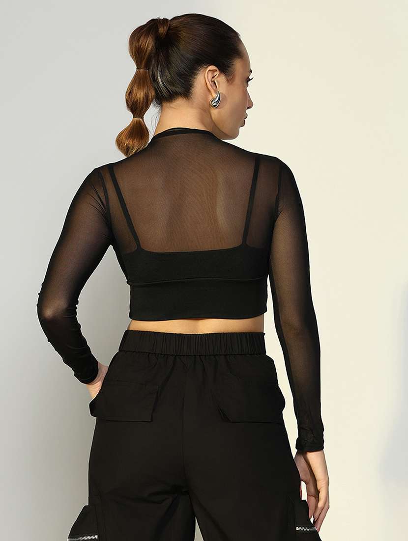 women black solid mock neck long sleeve crop top - 22086388 - Standard Image - 3