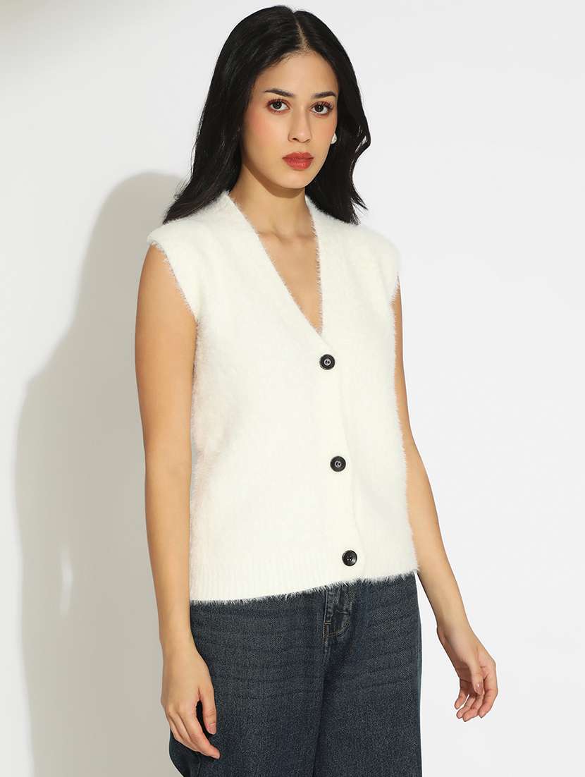 women white solid sleeveless cardigan - 22086389 -  Standard Image - 3