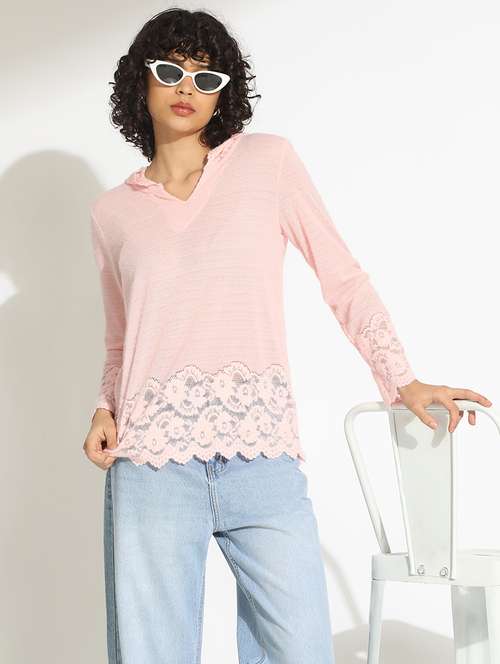 women pink solid long sleeve hooded top - 22086390 -  Standard Image - 0