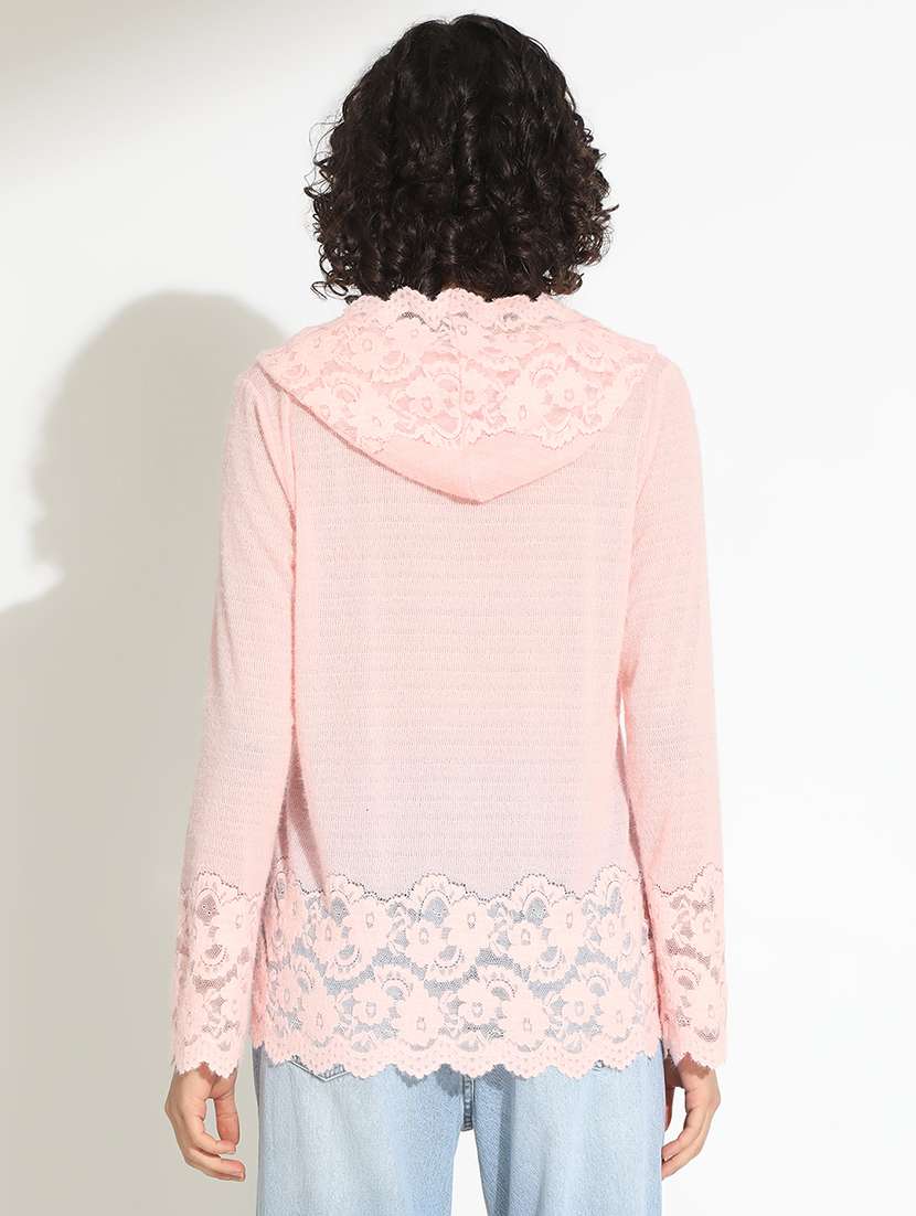 women pink solid long sleeve hooded top - 22086390 - Standard Image - 3