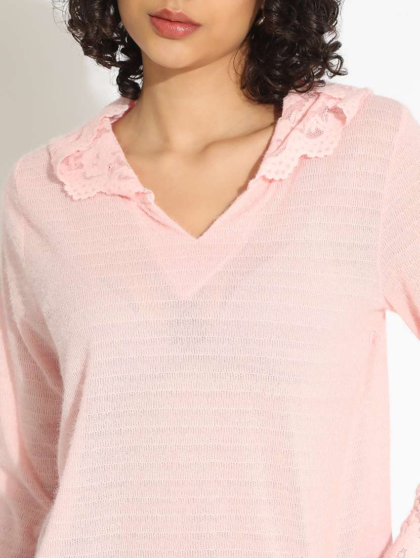 women pink solid long sleeve hooded top - 22086390 - Standard Image - 5