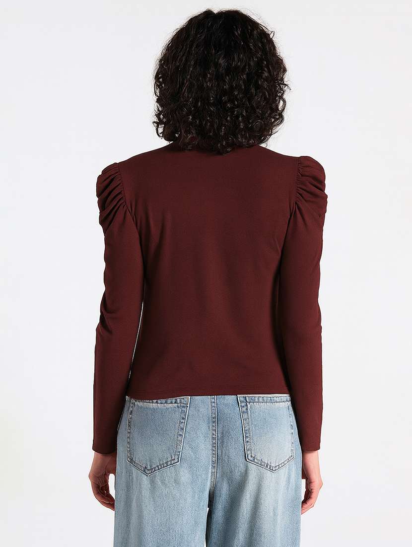 women solid mock neck puff sleeve regular top - 22086393 -  Standard Image - 3