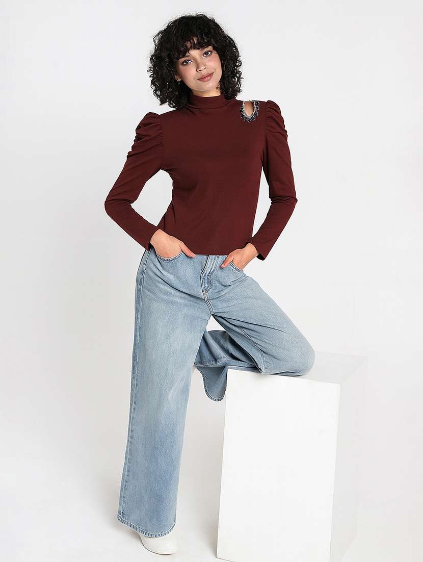 women solid mock neck puff sleeve regular top - 22086393 -  Standard Image - 5