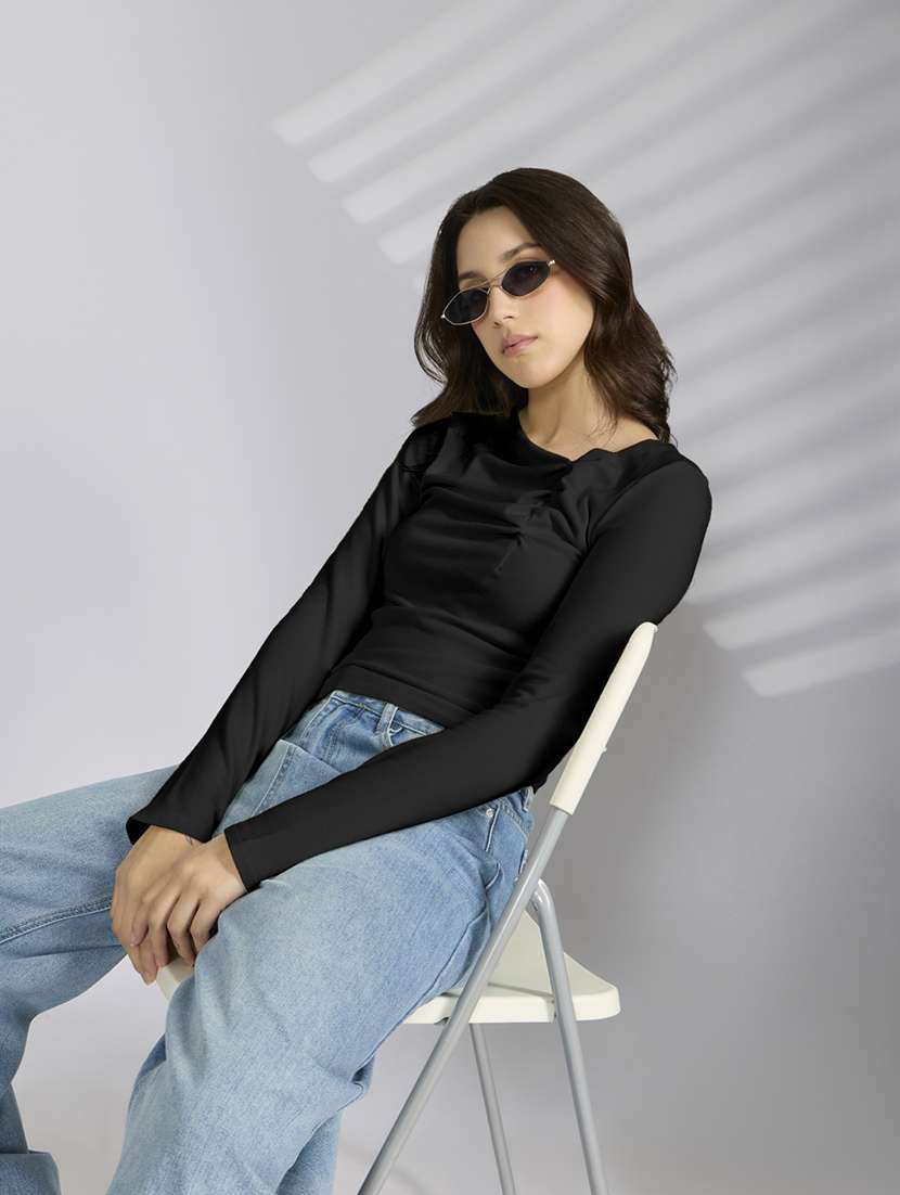 women solid asymmetric neck long sleeve top - 22086396 - Zoom Image - 0