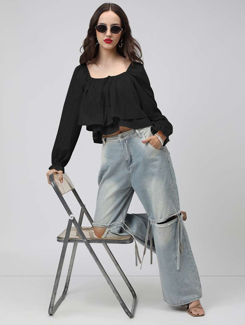 women black solid off shoulder long sleeve crop top - 22086397 - Standard Image - 3