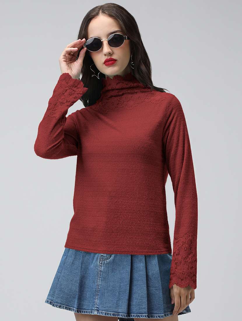 women solid high neck long sleeve top