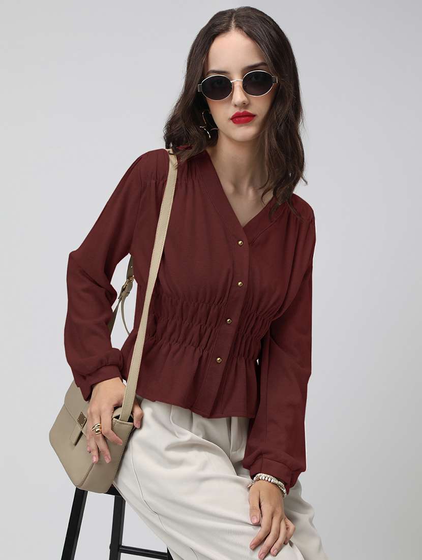 women maroon solid puff sleeve top