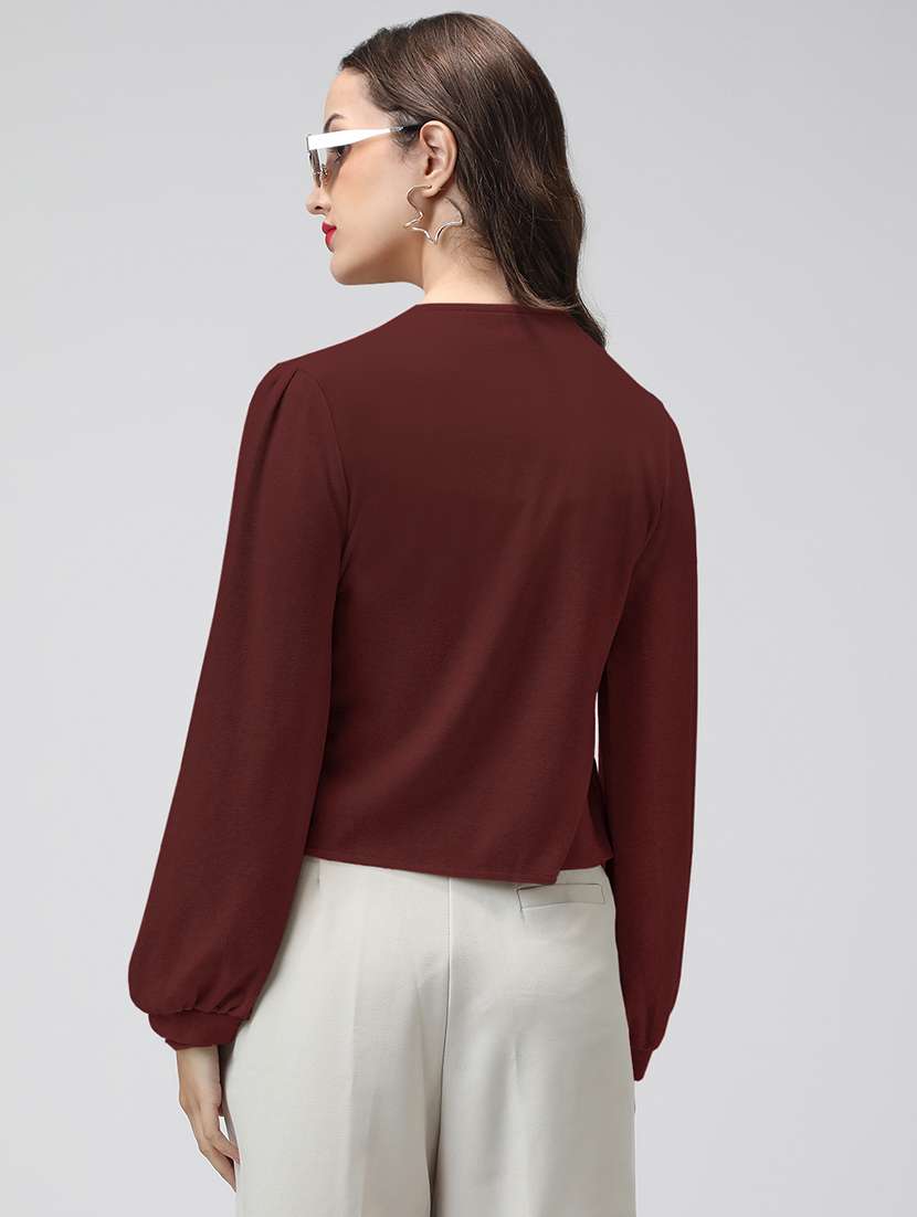women maroon solid puff sleeve top - 22086401 -  Standard Image - 3