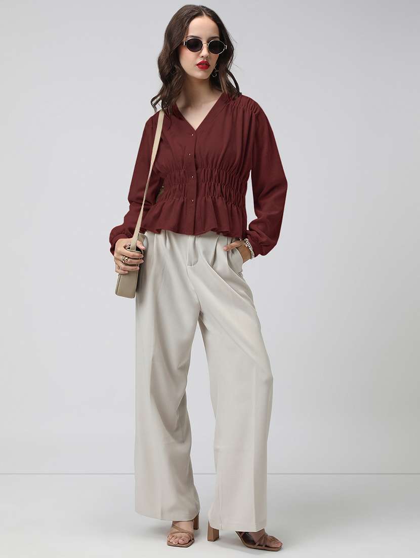 women maroon solid puff sleeve top - 22086401 -  Standard Image - 5