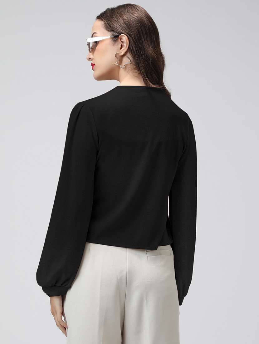 women black solid puff sleeev top - 22086402 -  Standard Image - 3