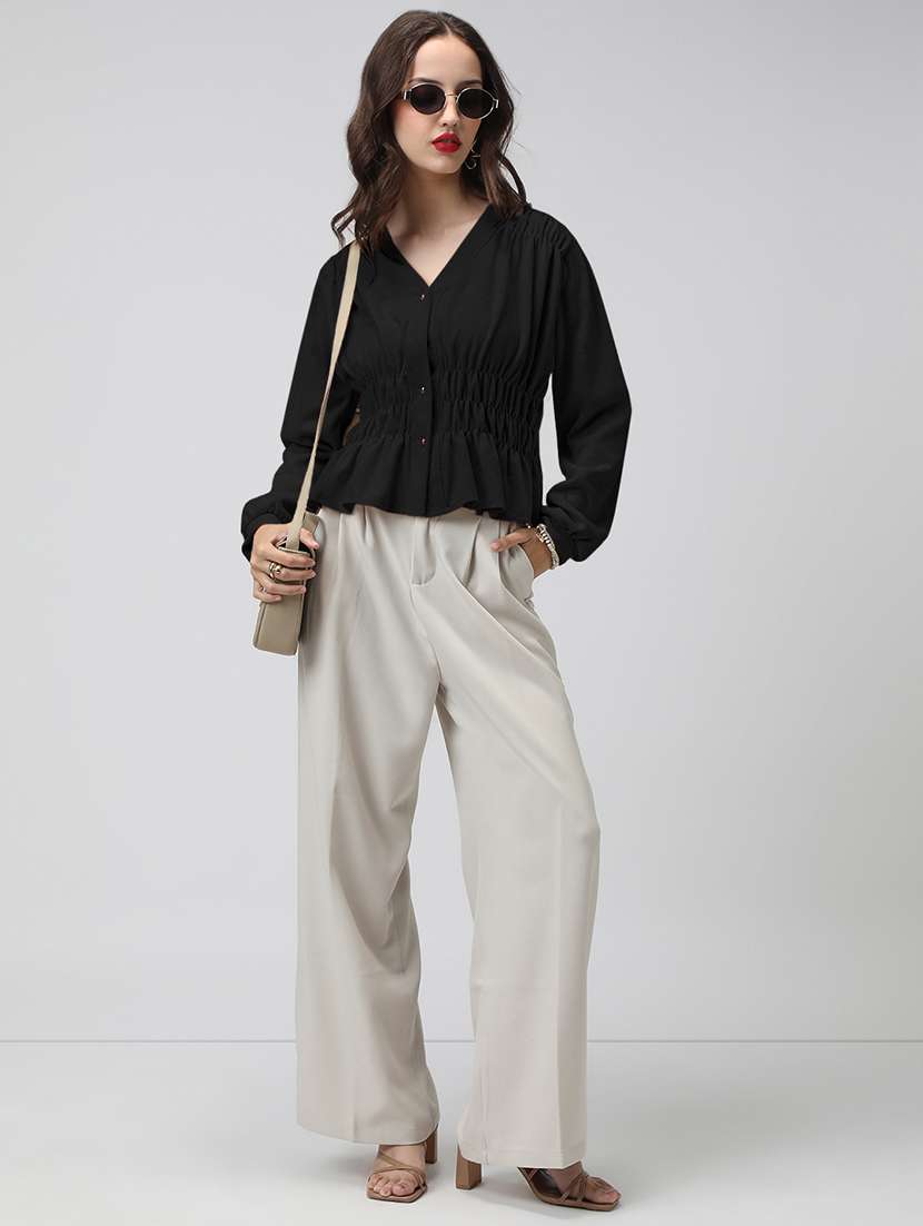 women black solid puff sleeev top - 22086402 -  Standard Image - 5