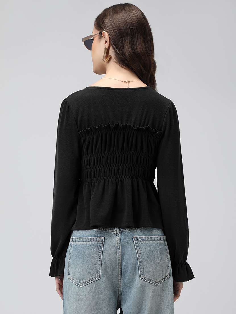 women black solid bell sleeve peplum top - 22086403 - Standard Image - 3