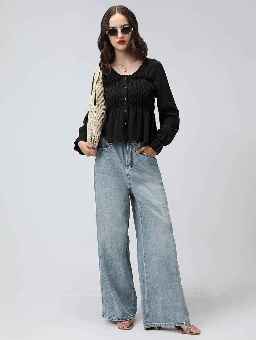women black solid bell sleeve peplum top - 22086403 - Standard Image - 5