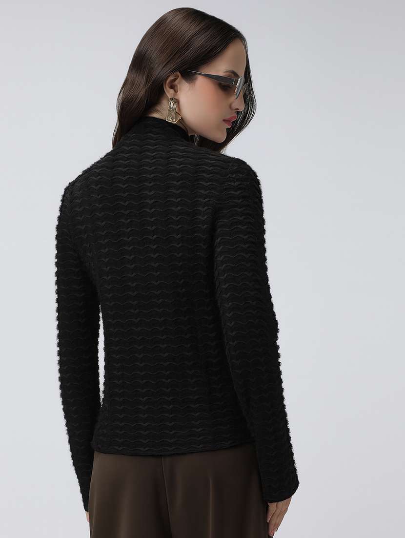 women black self designed mock neck long sleeve top - 22086406 -  Standard Image - 3