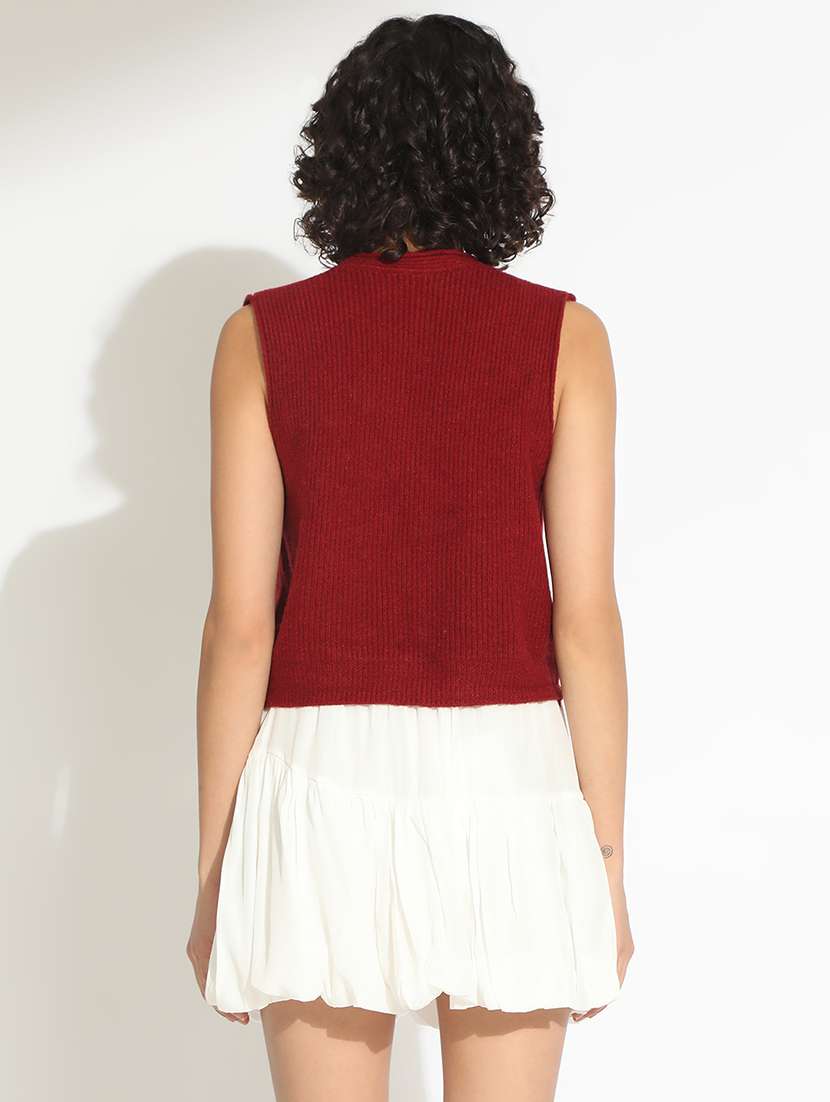 women maroon solid sleeveless cropped cardigan - 22086407 -  Standard Image - 3