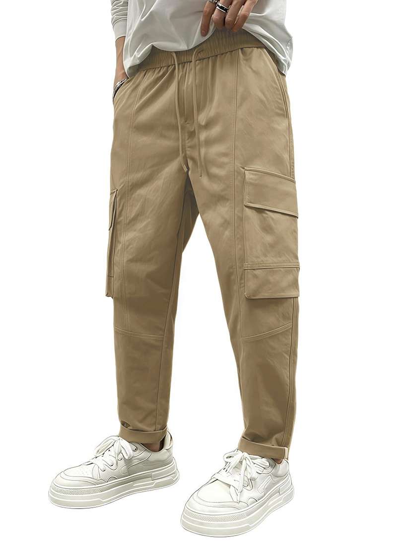 men solid mid rise regular fit cargo