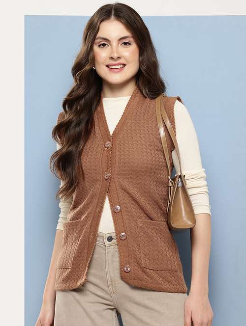 women self designed sleeveless cardigan - 22086557 - Standard Image - 0