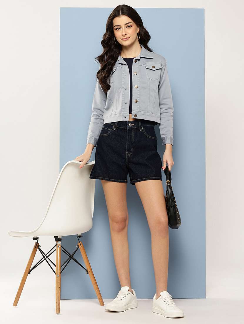 women solid long sleeev collared denim jacket - 22086561 -  Standard Image - 3