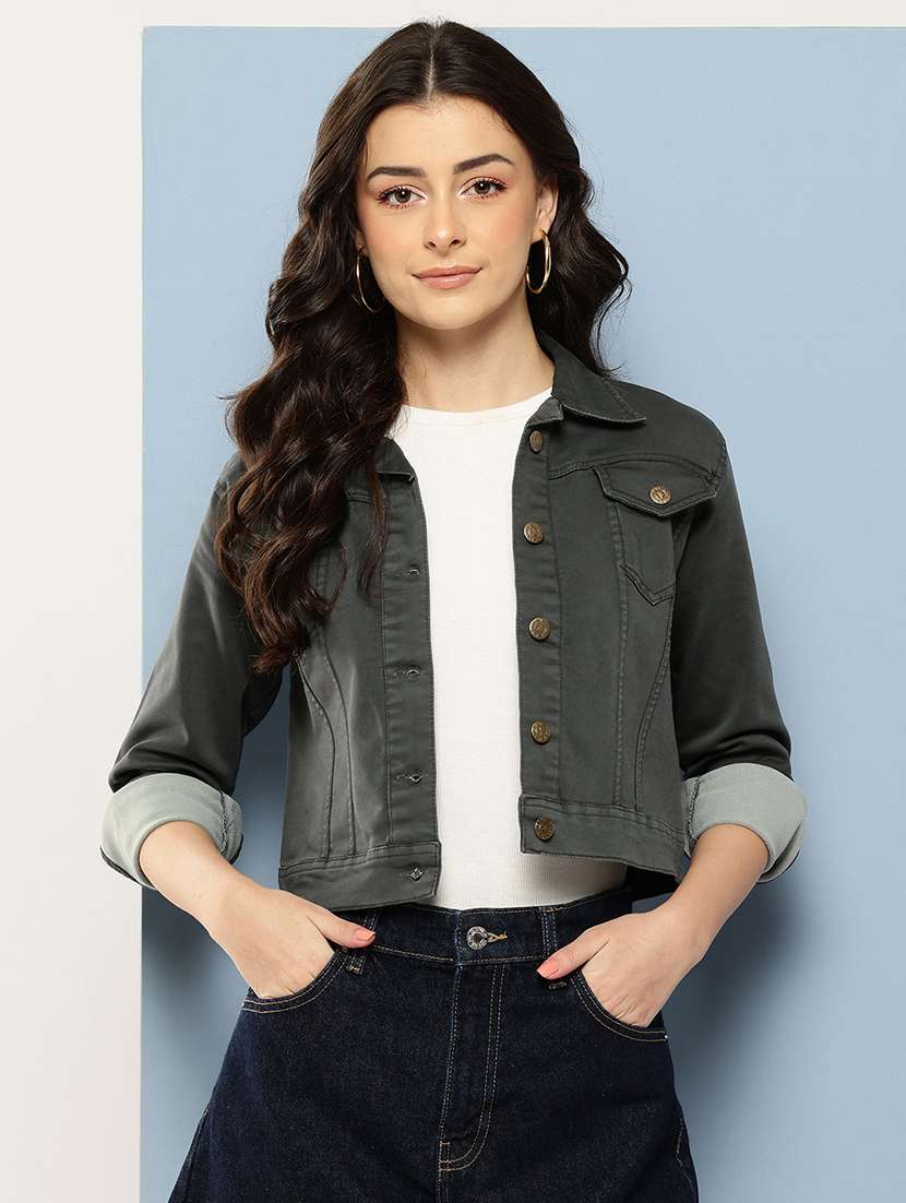 women solid long sleeev collared denim jacket