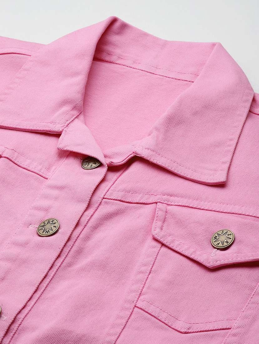 women solid long sleeve collared denim jacket - 22086564 - Standard Image - 3