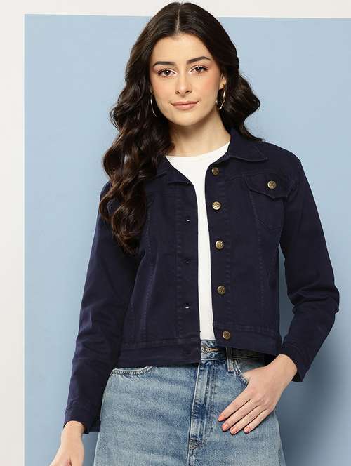 women solid long sleeve collared denim jacket - 22086566 -  Standard Image - 0