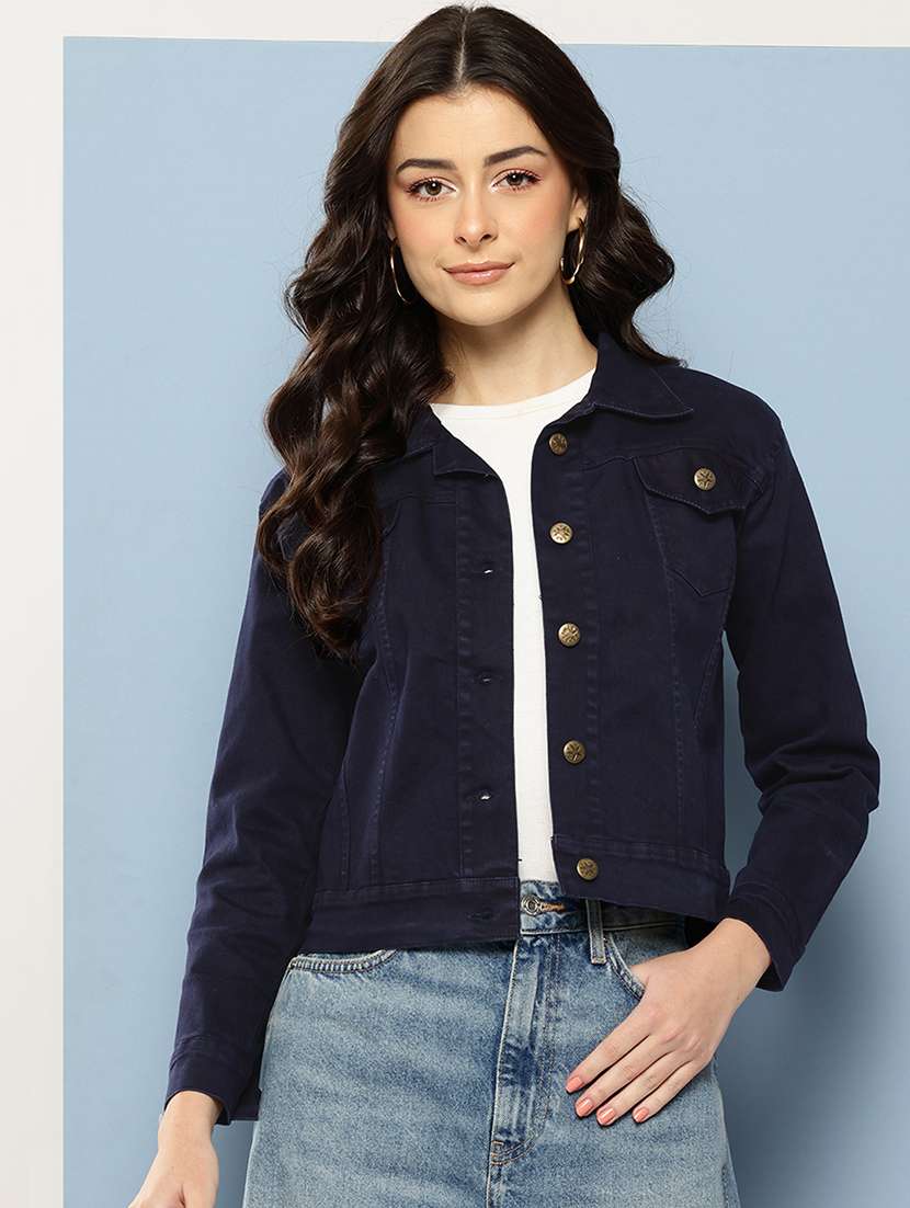 women solid long sleeve collared denim jacket - 22086566 -  Zoom Image - 0