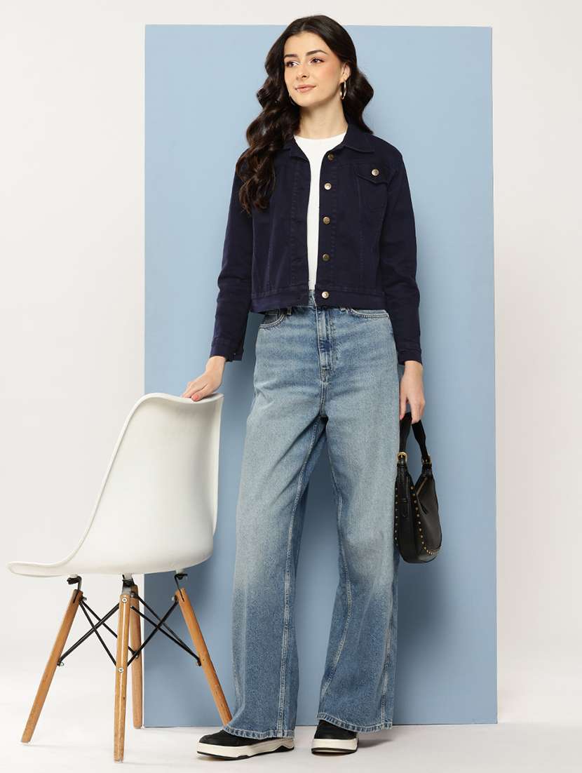 women solid long sleeve collared denim jacket - 22086566 - Standard Image - 3